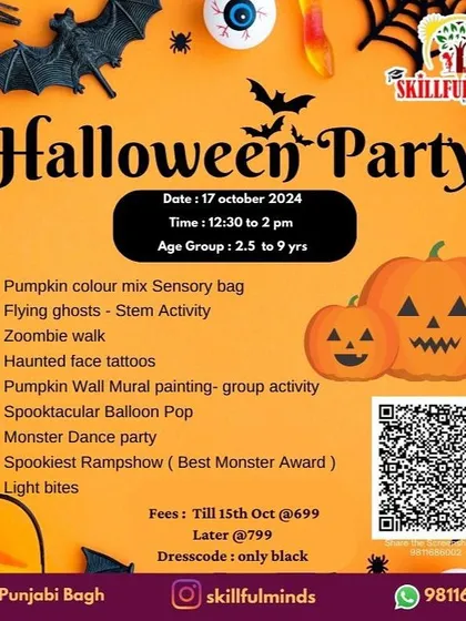 Our Halloween Party poster for the West Punjabi Bagh location, featuring a pumpkin sensory bag, a monster dance party, and a spookiest ramp show. The dress code is all black for extra fun.