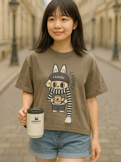 We love the earthy tone of this olive green Labubu T-shirt. It features a cozy-looking character ready for winter, perfect for showcasing your fan love in a subtle, stylish way.