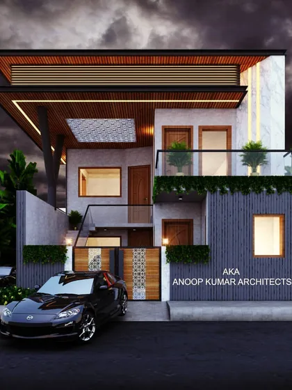 A variation of the modern facade concept, using linear wood slats under the roof instead of a perforated screen. This version plays with horizontal lines and a mix of gray and wood tones.