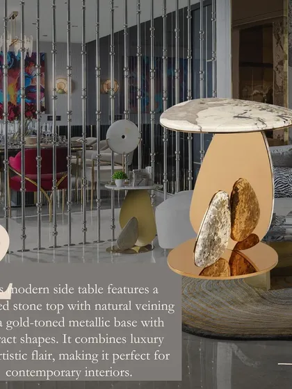 This modern side table features a polished stone top with natural veining and a gold-toned metallic base with abstract shapes, combining luxury and artistic flair.