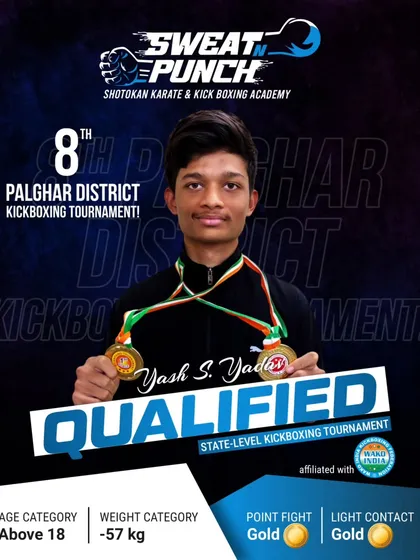 Representing our adult batch, Yash S. Yadav from the Above 18 category won two gold medals. This shows our training is effective for athletes at every age and level, from youth kickboxing to adult fitness.