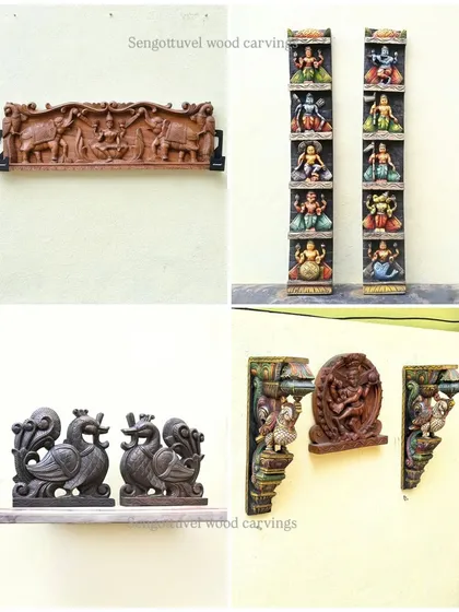 An assortment of our wooden wall mounts, including a Gajalakshmi panel, Ashta Ganesha pillars, peacock tabletop figures, and decorative brackets. This collage shows the variety of fine art we create to elevate any interior space.
