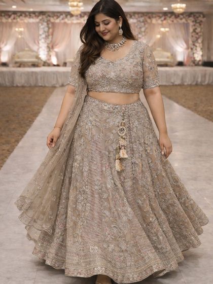 This plus-size lehenga is designed to make you feel fabulous. The intricate threadwork and sequins create a rich texture, ensuring you look your best at any wedding or festive occasion.