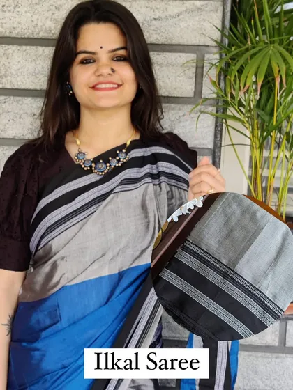 An Ilkal saree from our end-of-year sale. This blue and grey combination is one of our most popular designs, loved for its contemporary appeal.
