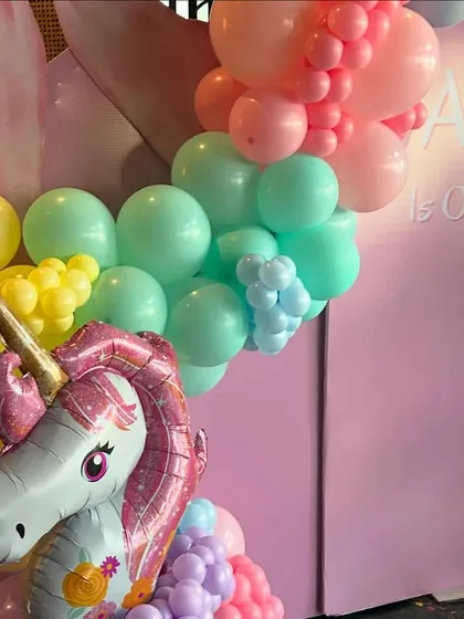 A close-up of the unicorn balloon, the star of our magical unicorn-themed first birthday party.