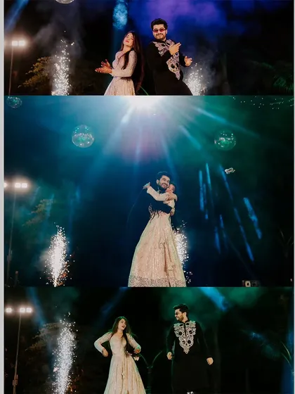 A collage of the couple's Sangeet performance, complete with stage lights and pyrotechnics.