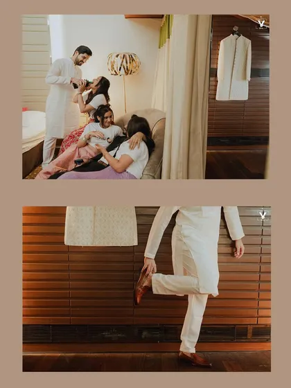 A collage of fun, behind-the-scenes moments with the groom and his friends before the wedding. These candid shots capture the relaxed and playful atmosphere.