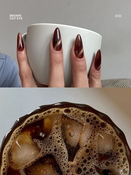 Coffee, but make it nails. This brown cat-eye design has a deep, rich magnetic shimmer that looks just like a fresh cup of iced coffee.