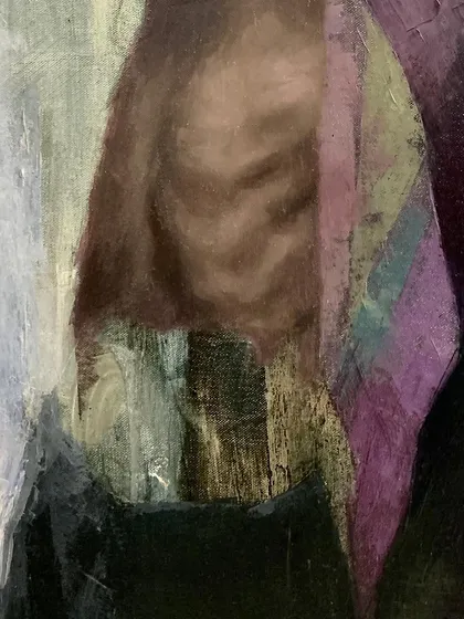 A close-up detail of the "Love & Hunger" painting, showing the abstract textures.