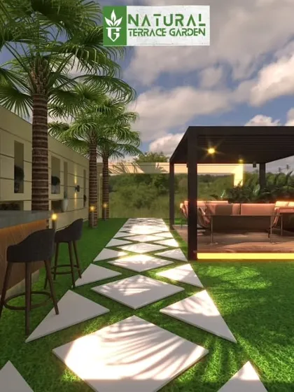 A 3D concept for a long outdoor bar with a wooden finish, set along a garden path for easy access during parties.