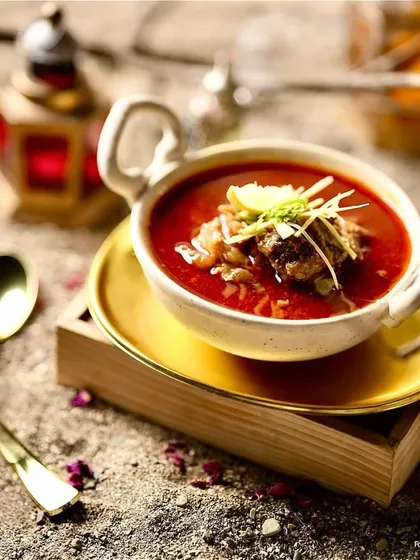 The complete Mutton Nalli Nihari experience, presented in a traditional bowl with elegant cutlery. The rustic, sandy backdrop highlights the dish's authentic and royal origins.