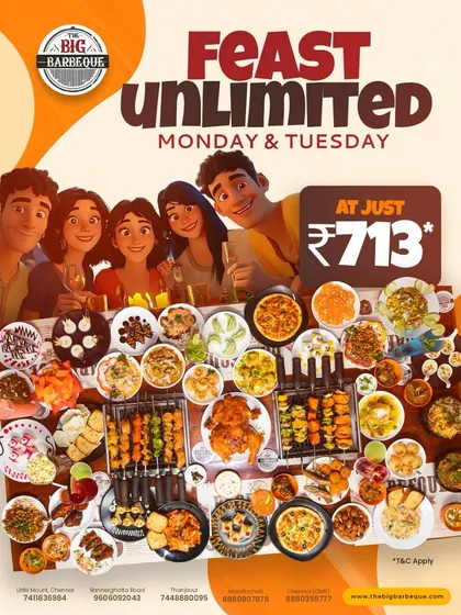 Your cravings called, and we answered. Our unlimited feast is just ₹713 on Mondays and Tuesdays. Gather your squad and dig in.