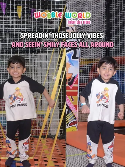 A happy boy in Paw Patrol gear enjoys his time in our play area. It's a place for jolly vibes and smiley faces.