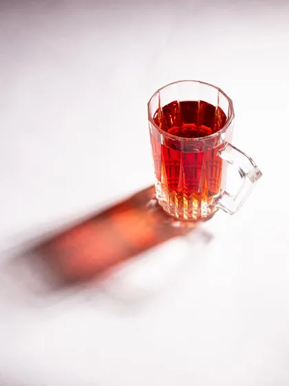 A creative shot of Turkish tea, where the hard light creates a beautiful, colorful shadow. This shows how I use light to create artful beverage photos.