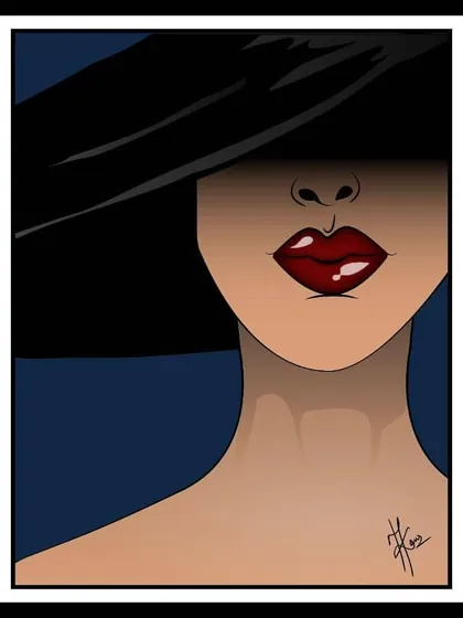 A minimalist portrait focusing on bold red lips and a mysterious hat. This illustration plays with shadow and suggestion, showing how a few key details can create a powerful sense of attitude and class.