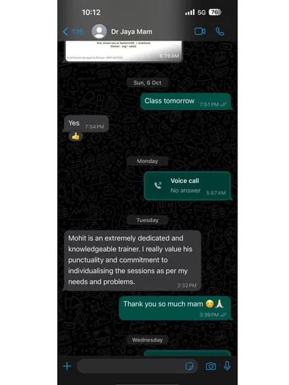 The best results are the ones my clients feel. This feedback from Dr. Jaya highlights my commitment to creating personalized, punctual, and dedicated training sessions that address individual needs and problems.