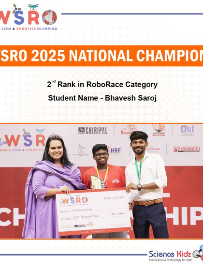 Congratulations to Bhavesh Saroj for securing 2nd Rank in the competitive RoboRace Category at the WSRO 2025 National Championship. His robot demonstrated exceptional speed and control.