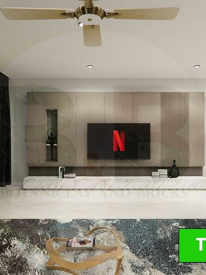 A 3D render of a modern living room featuring a sophisticated TV unit. The design incorporates a mix of materials including marble, wood paneling with a chevron pattern, and dark stone for a luxurious and contemporary feel.