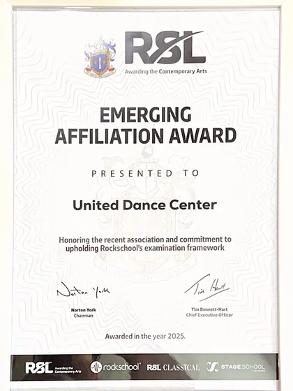 We are incredibly proud of our affiliation with Rock School, London (RSL). This 'Emerging Affiliation Award' is a testament to our commitment to providing a top-tier, internationally recognized dance performance diploma course right here in Noida.