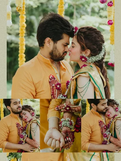 A collage of intimate and playful moments between the couple during their Haldi, including a sweet kiss and close-up details.