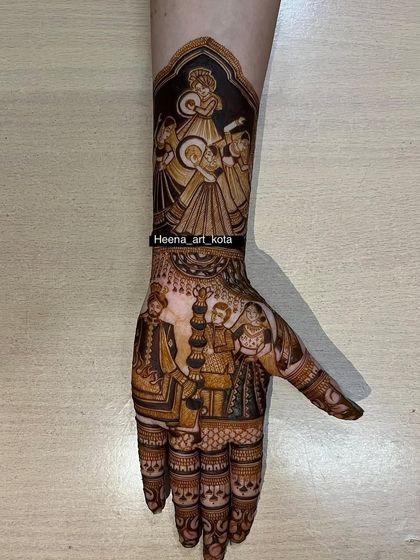 A single hand design showing the 'sangeet' and 'grah pravesh' ceremonies, inspired by the amazing work of Isha Lakhani.