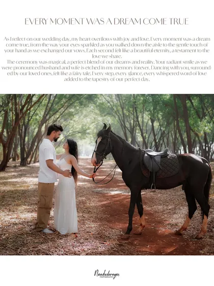 A couple shares a romantic moment with a majestic black horse in a sun-dappled forest path. This image shows how we can incorporate unique elements like animals to create a truly magical and personalized pre-wedding shoot.