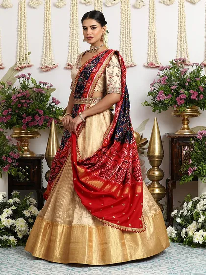The full, standing view of this ensemble emphasizes its grandeur and makes it a perfect choice for a bridal trousseau.
