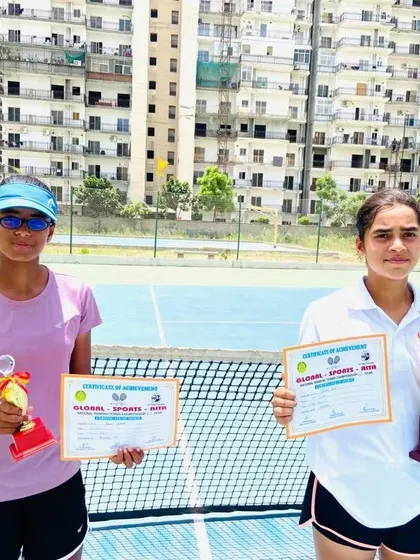 Khushi Sharma (left) as runner-up in the CS7 U-16 girls' singles final, a hard-fought match at the Global Sports Academy tournament.
