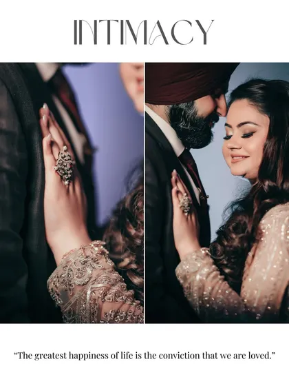 A diptych capturing the intimacy of Ishita and Dipender's bond, with a close-up of their hands and a tender embrace.