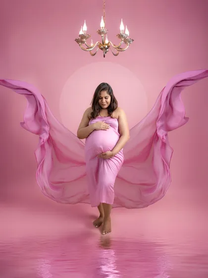 A dreamy and ethereal portrait. The mother-to-be stands in a pool of soft pink light, with fabric wings flowing behind her, creating an angelic and serene image.