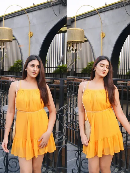 A collage of poses in the cute yellow dress.
