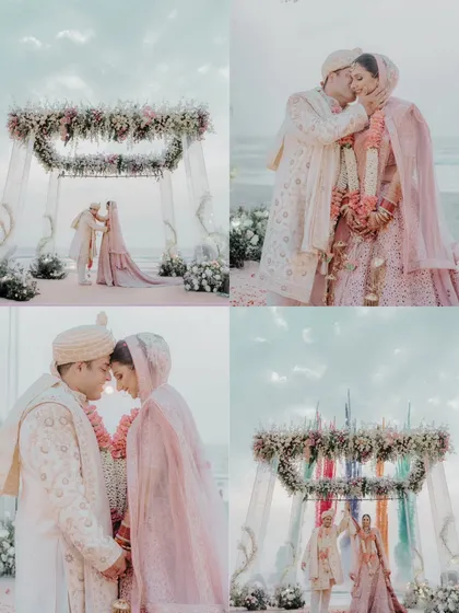 A collection of moments from a dreamy Goa beach wedding, highlighting the floral mandap, the sunset ceremony, and the romantic couple portraits by the sea.