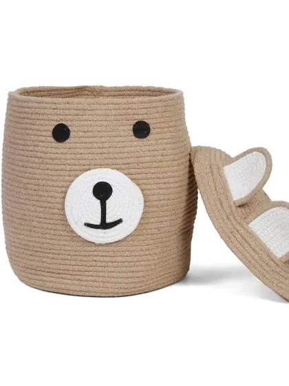 This bear storage bag with a lid is a versatile option for organizing. The lid is cleverly designed with bear ears, adding to its charm.