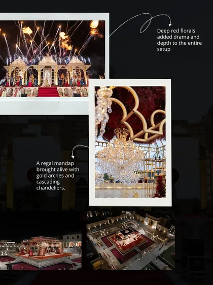 A regal mandap brought to life with gold arches, cascading chandeliers, and dramatic deep red florals. This collage showcases the grand scale and intricate details that made this setup so spectacular.