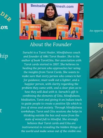 This brochure gives a quick overview of my specializations, including guidance on love, career, and life path questions. My approach combines tarot with mindfulness and the wisdom of the Gita to help you move from a state of confusion to one of clarity and purpose.