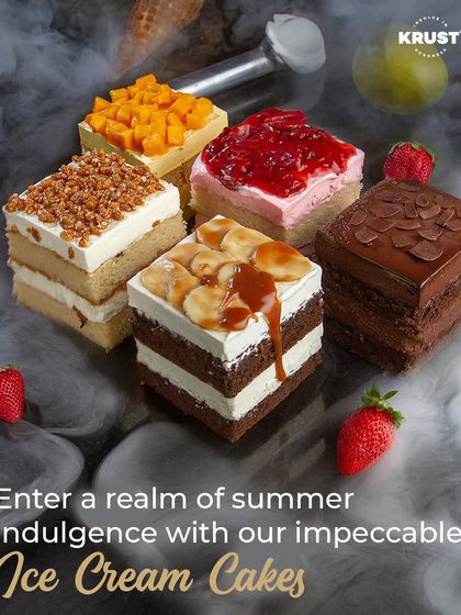A collection of our impeccable ice cream cakes, perfect for summer. Flavours include mango, strawberry, banoffee, almond, and chocolate.