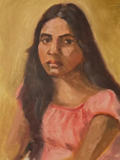 A finished oil on linen portrait of Simran from another session, this time in a pink top. I really enjoyed capturing her likeness and was quite satisfied with what I achieved in our 4-5 hour sitting.