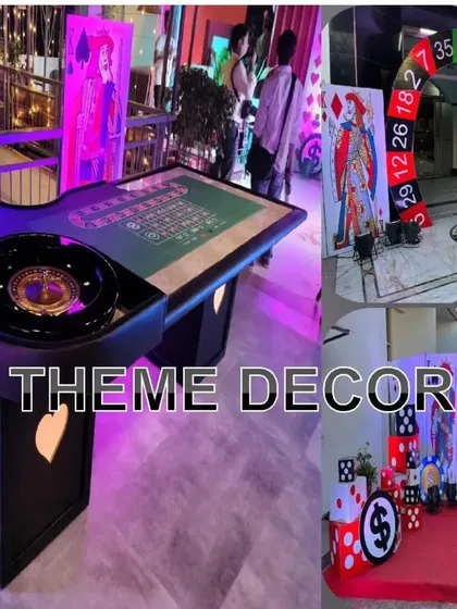 A collage showcasing the variety of theme decor I provide, from casino and roulette-themed entrances to Mickey Mouse party setups. I can create a custom look for any theme you can imagine.
