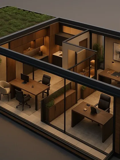 A 3D cutaway view of our 1000 sq. ft. prefabricated office. This render shows a complete office layout with private cabins, workstations, and a living area, all within a compact and efficient modular design.