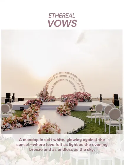 Ethereal vows at sunset. This beachside mandap in Bahrain was designed with soft white arches and pink florals to feel as light as the evening breeze.