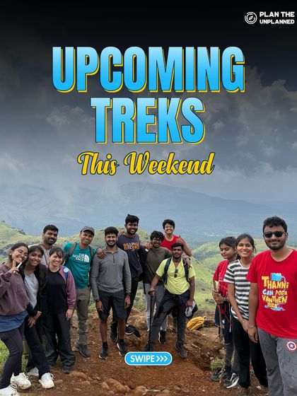 A group of friends enjoying the view from a mountain peak. Check out our upcoming treks and plan your perfect weekend escape.