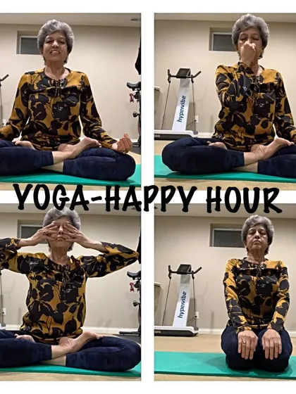 This is my yoga happy hour. The collage shows various seated and breathing exercises that bring me joy and tranquility.