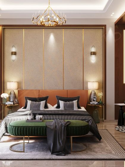 This bedroom features a warm and inviting design with vertical wall panels, a pop of green, and cozy lighting, creating a modern yet comfortable haven.