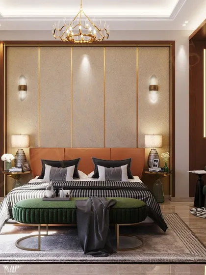 This bedroom is a cozy haven with warm beige and brown tones. The vertical wall panels and a pop of green from the bench add visual interest.
