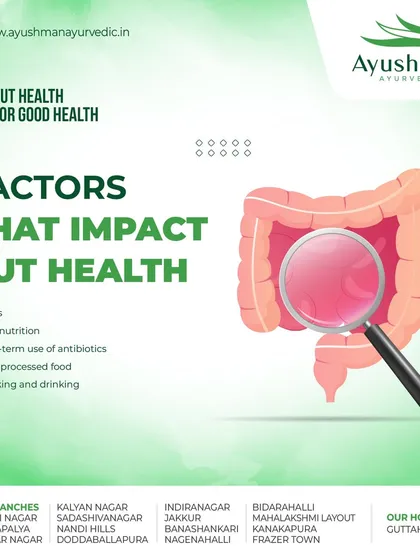 Good health starts with good gut health. This graphic identifies key factors that negatively impact your digestive system, such as stress, poor nutrition, and processed foods, setting the stage for how Ayurveda can help.