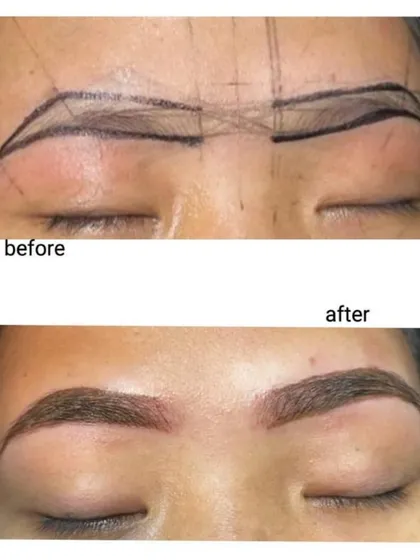 This transformation shows how we correct and define brow shapes. The 'before' image shows the initial mapping, and the 'after' reveals a stronger, more symmetrical brow arch created through our expert techniques.