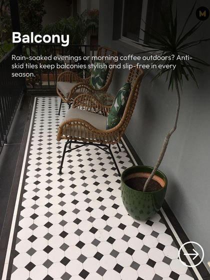 Rain-soaked evenings or morning coffee outdoors? Anti-skid tiles keep your balcony stylish and slip-free in every season, like these beautiful black and white patterned tiles.