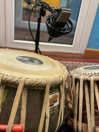 My tablas, miked up and ready for a recording session. This view represents my core service: providing clean, professional, and emotionally resonant tabla tracks for any musical project.