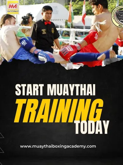 This image captures the intensity of a Muay Thai fight. This is the moment where all the training, sweat, and dedication pays off. Start your training today.