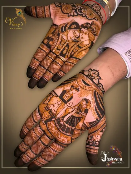 Different angles of the groom's mehndi, showcasing the detailed portraits of Radha Krishna and the wedding couple.